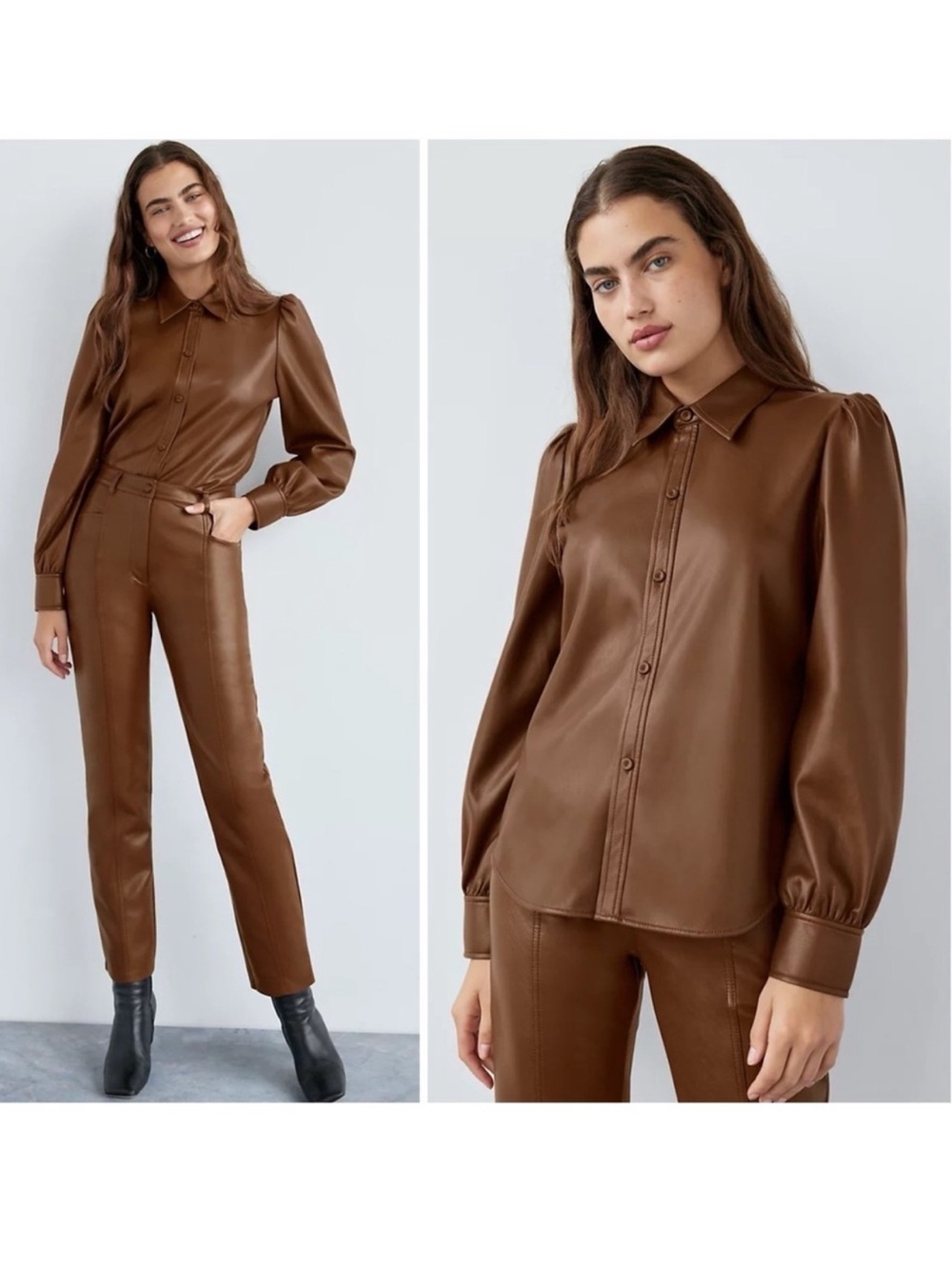 Aritzia Wilfred Mila Vegan Leather Puff Sleeve Button Down Shirt Blouse Medium